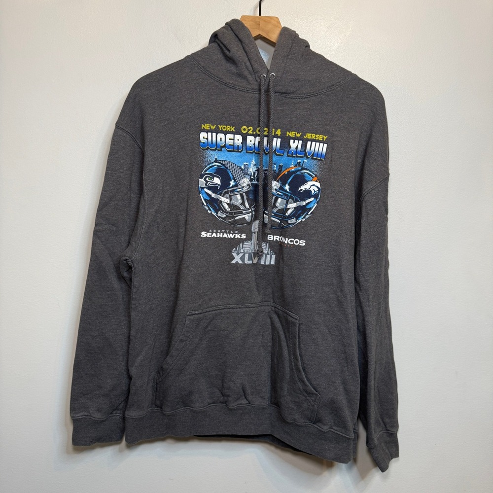 NFL Super Bowl XLVIII Hoodie Seattle Seahawks vs Denver Broncos Grey Men's Large